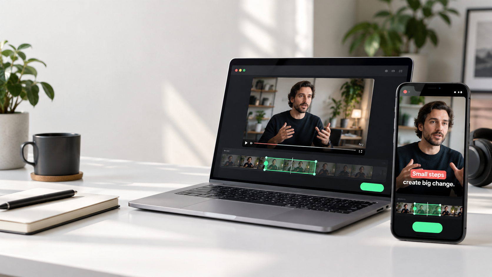 Laptop and phone showing a recorded video moment transformed into a captioned clip