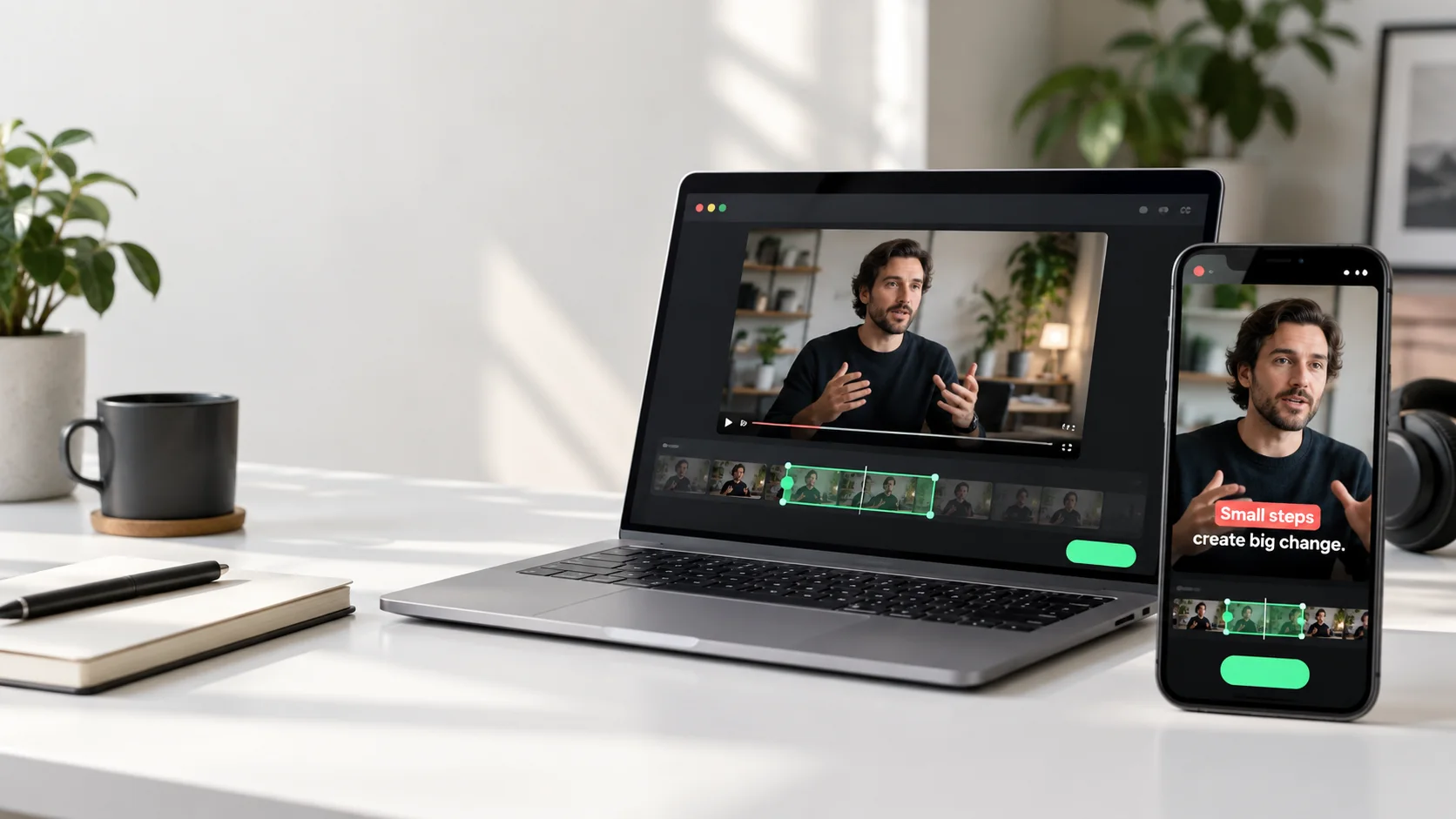 Illustrative recording and captioned clip on a laptop and phone